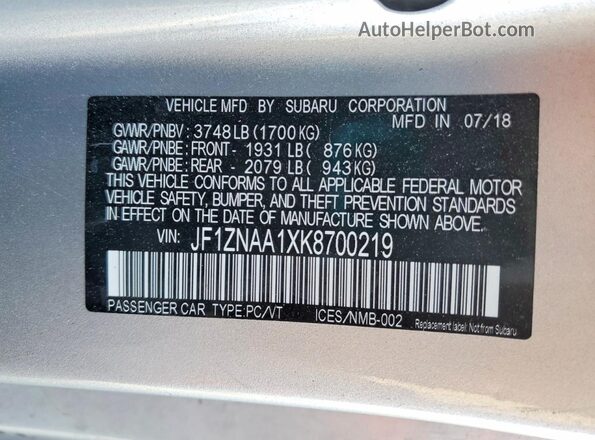 JF1ZNAA1XK8700219 2019 TOYOTA 86 Серебряный Вид наклейки с VIN-кодом