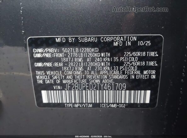 JF2BUPED2TY461709 2026 SUBARU OUTBACK Gray Engine compartment view