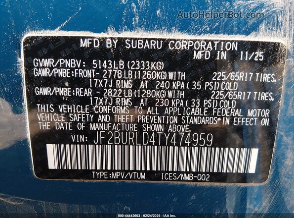 JF2BURLD4TY474959 2026 SUBARU OUTBACK Blue Շարժիչի բաժամունքի տեսք