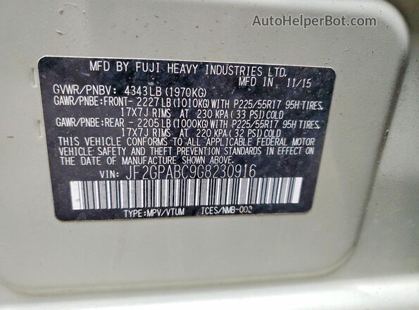 JF2GPABC9G8230916 2016 SUBARU CROSSTREK Зеленый Вид наклейки с VIN-кодом