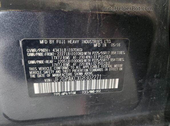 JF2GPAKCXG8302271 2016 SUBARU CROSSTREK Gray Widok naklejki z numerem VIN