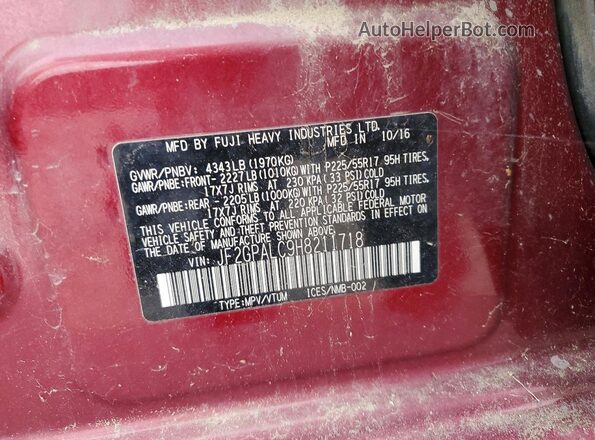 JF2GPALC9H8211718 2017 SUBARU CROSSTREK Красный Вид наклейки с VIN-кодом