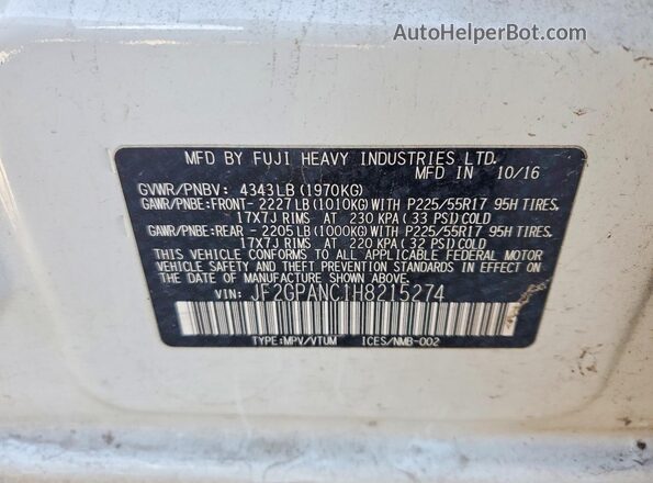 JF2GPANC1H8215274 2017 SUBARU CROSSTREK White Widok wnętrza 360 stopni