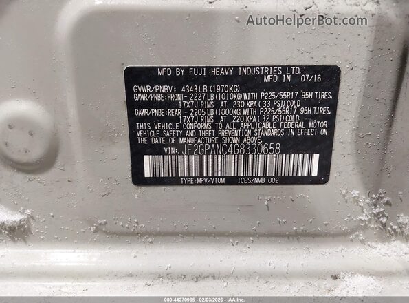 JF2GPANC4G8330658 2016 SUBARU CROSSTREK Желто-коричневый Вид подкапотного пространства