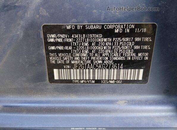 JF2GTAAC5KG273614 2019 SUBARU CROSSTREK Blue Vista del compartimento del motor
