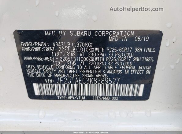 JF2GTAEC3K8389527 2019 SUBARU CROSSTREK Белый Вид подкапотного пространства