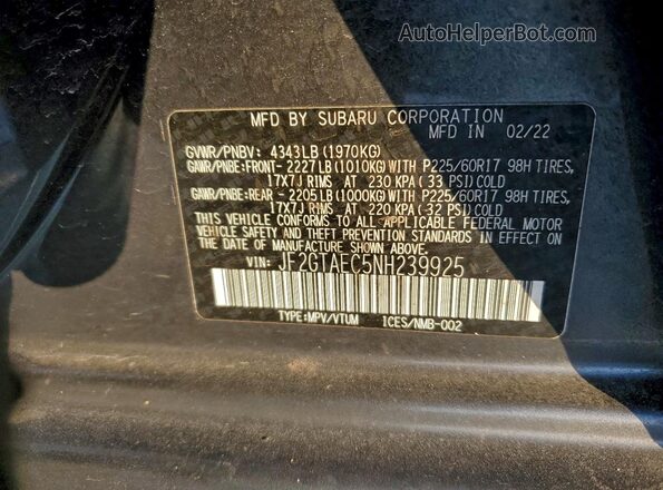 JF2GTAEC5NH239925 2022 SUBARU CROSSTREK Серый Вид наклейки с VIN-кодом
