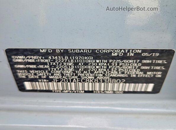 JF2GTAEC8K8338802 2019 SUBARU CROSSTREK Синий Вид наклейки с VIN-кодом