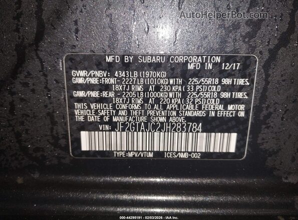 JF2GTAJC2JH283784 2018 SUBARU CROSSTREK Black Widok komory silnika
