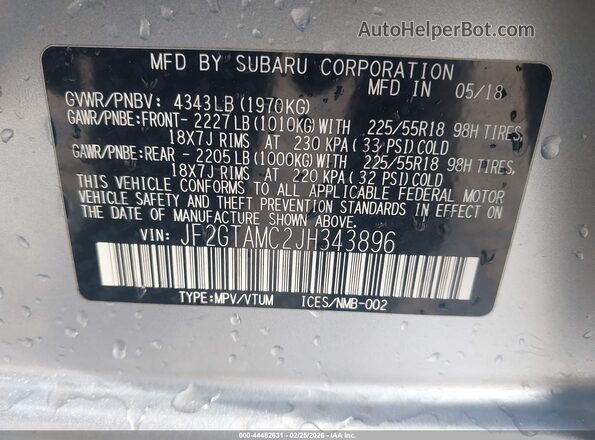 JF2GTAMC2JH343896 2018 SUBARU CROSSTREK Серебряный Вид подкапотного пространства