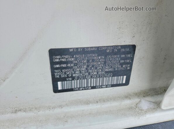 JF2GTAMC8K8392649 2019 SUBARU CROSSTREK Белый Вид наклейки с VIN-кодом