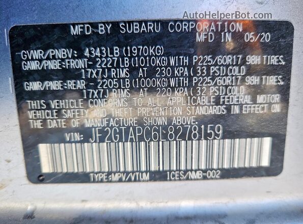 JF2GTAPC6L8278159 2020 SUBARU CROSSTREK Серебряный Вид наклейки с VIN-кодом