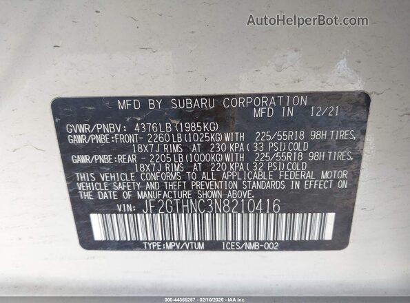 JF2GTHNC3N8210416 2022 SUBARU CROSSTREK Белый Вид подкапотного пространства