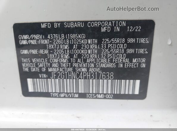 JF2GTHNC4PH317638 2023 SUBARU CROSSTREK Белый Вид подкапотного пространства