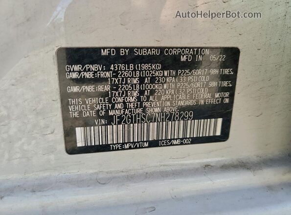 JF2GTHSC7NH278299 2022 SUBARU CROSSTREK White Vista de la etiqueta del VIN