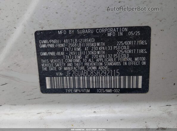 JF2GUABC8SH292115 2025 SUBARU CROSSTREK White Widok komory silnika