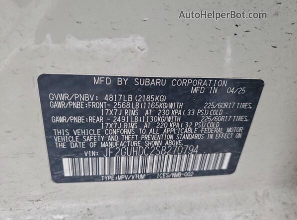 JF2GUHDC2S8270794 2025 SUBARU CROSSTREK Белый Вид наклейки с VIN-кодом