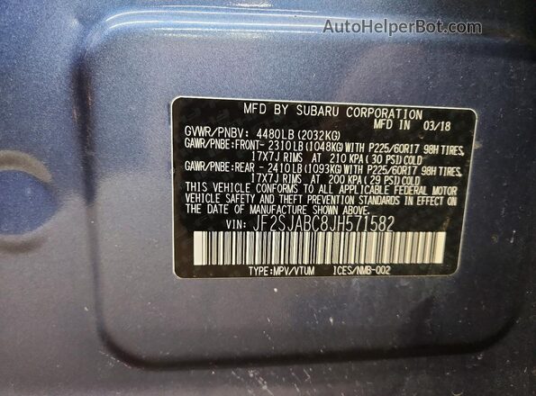 JF2SJABC8JH571582 2018 SUBARU FORESTER 2.5 Синий Панорамный вид салона 360°