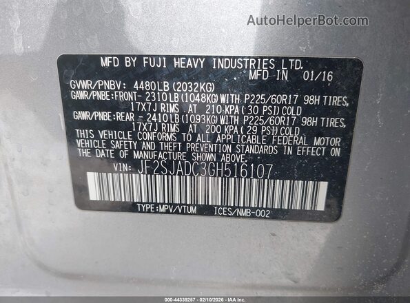 JF2SJADC3GH516107 2016 SUBARU FORESTER 2.5 Серебряный Вид подкапотного пространства
