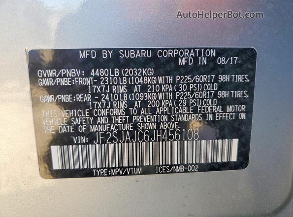 JF2SJAJC6JH456108 2018 SUBARU FORESTER 2.5 Серебряный Панорамный вид салона 360°