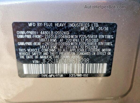 JF2SJAVC4GH518298 2016 SUBARU FORESTER 2.5I TO Коричневый Вид наклейки с VIN-кодом