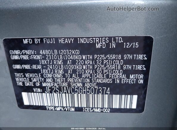 JF2SJAVC5GH507374 2016 SUBARU FORESTER 2.5I TO Серый Вид подкапотного пространства