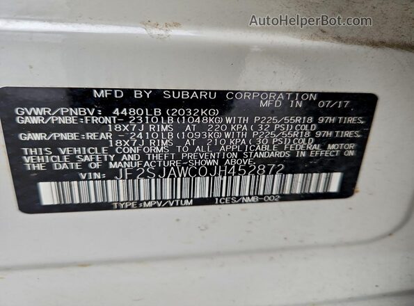 JF2SJAWC0JH452872 2018 SUBARU FORESTER 2.5I TO White Vista de la etiqueta del VIN
