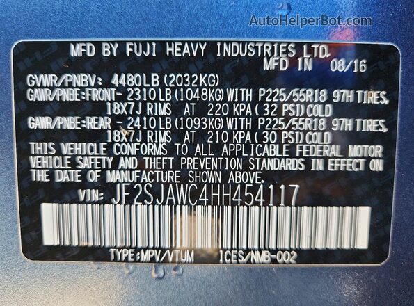 JF2SJAWC4HH454117 2017 SUBARU FORESTER 2.5I TO Синий Вид наклейки с VIN-кодом