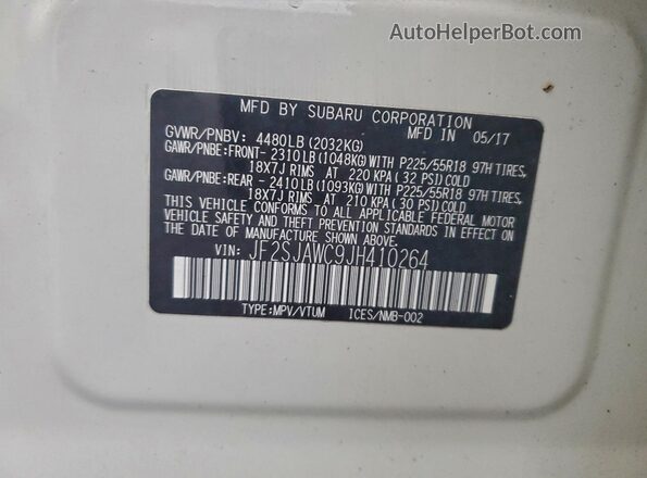 JF2SJAWC9JH410264 2018 SUBARU FORESTER 2.5I TO White Widok komory silnika