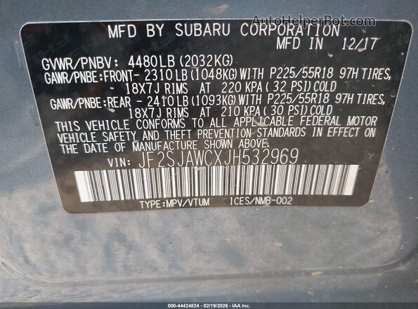 JF2SJAWCXJH532969 2018 SUBARU FORESTER 2.5I TO Light Blue Vista del compartimento del motor