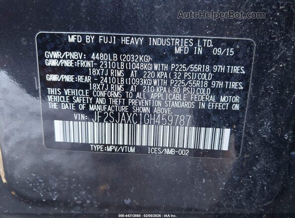 JF2SJAXC1GH459787 2016 SUBARU FORESTER 2.5I TO Черный Вид подкапотного пространства