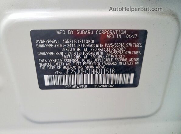 JF2SJGEC1HH811516 2017 SUBARU FORESTER2. Белый Вид подкапотного пространства