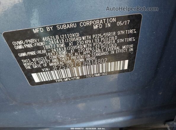 JF2SJGEC3JH414802 2018 SUBARU FORESTER2. Синий Вид подкапотного пространства