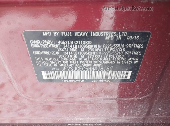 JF2SJGEC5HH478169 2017 SUBARU FORESTER2. Красный Вид подкапотного пространства