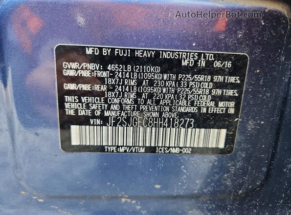 JF2SJGEC8HH418273 2017 SUBARU FORESTER2. Blue Вид наклейки з VIN-кодом