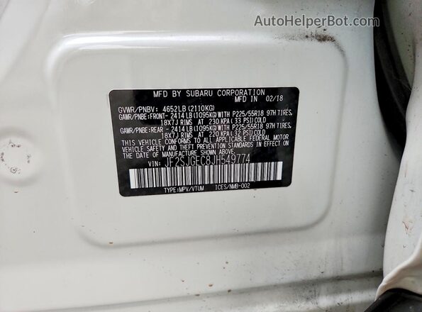 JF2SJGEC8JH549774 2018 SUBARU FORESTER2. Белый Вид наклейки с VIN-кодом