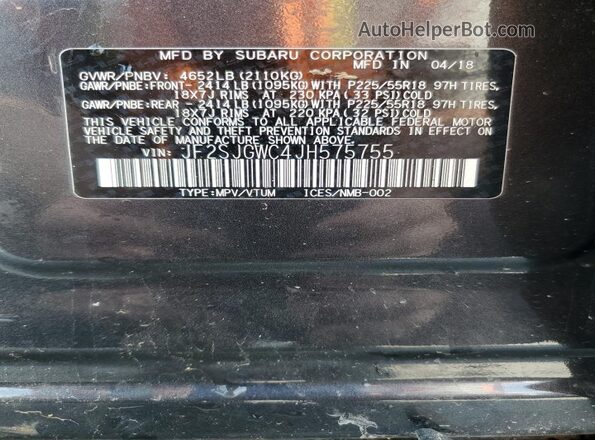 JF2SJGWC4JH575755 2018 SUBARU FORESTER2. Charcoal VIN կոդի պիտակի տեսք
