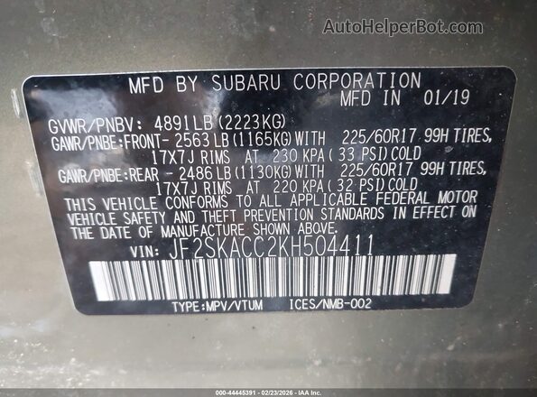 JF2SKACC2KH504411 2019 SUBARU FORESTER Green ძრავის განყოფილების ხედი