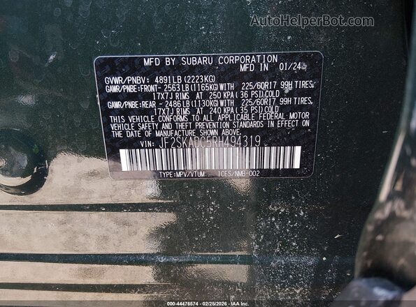 JF2SKADC5RH494319 2024 SUBARU FORESTER Green Vista del compartimento del motor