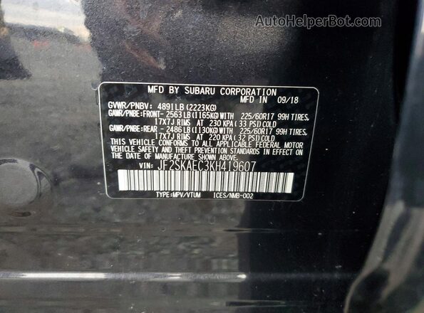 JF2SKAEC3KH419607 2019 SUBARU FORESTER Черный Вид наклейки с VIN-кодом