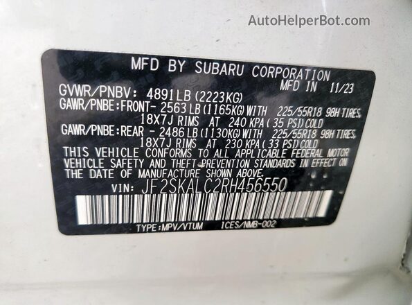 JF2SKALC2RH456550 2024 SUBARU FORESTER White Widok komory silnika