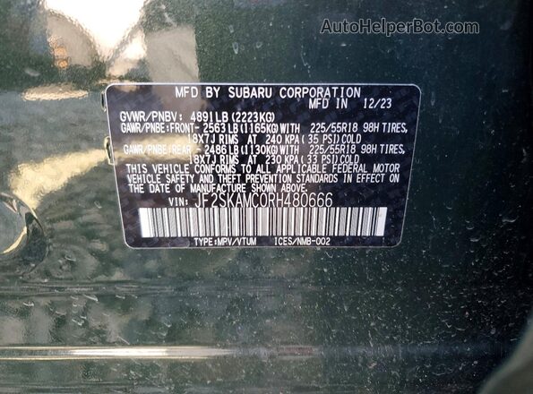 JF2SKAMC0RH480666 2024 SUBARU FORESTER Зеленый Вид наклейки с VIN-кодом