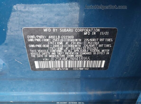 JF2SKAMC2NH418955 2022 SUBARU FORESTER Blue Widok komory silnika