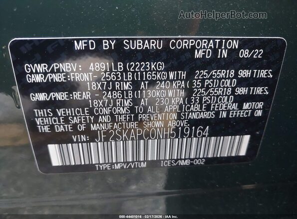 JF2SKAPC0NH519164 2022 SUBARU FORESTER Зеленый Вид подкапотного пространства