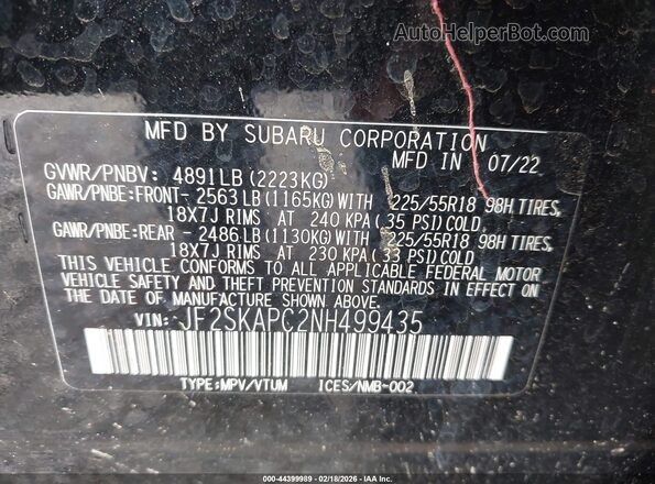 JF2SKAPC2NH499435 2022 SUBARU FORESTER Black Vista del compartimento del motor