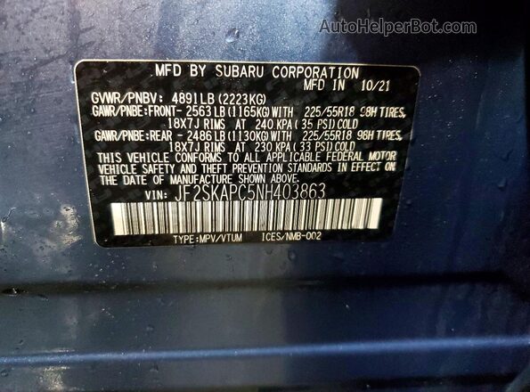 JF2SKAPC5NH403863 2022 SUBARU FORESTER Blue Vista de la etiqueta del VIN