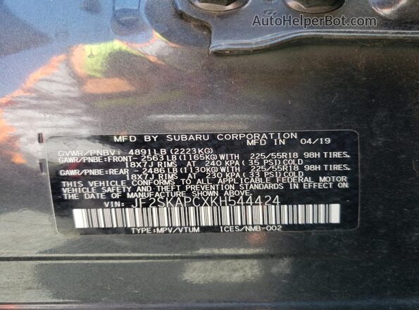 JF2SKAPCXKH544424 2019 SUBARU FORESTER Gray VIN կոդի պիտակի տեսք