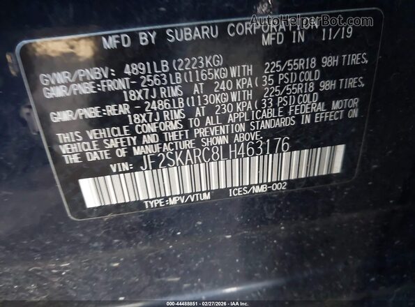 JF2SKARC8LH463176 2020 SUBARU FORESTER Синий Вид подкапотного пространства