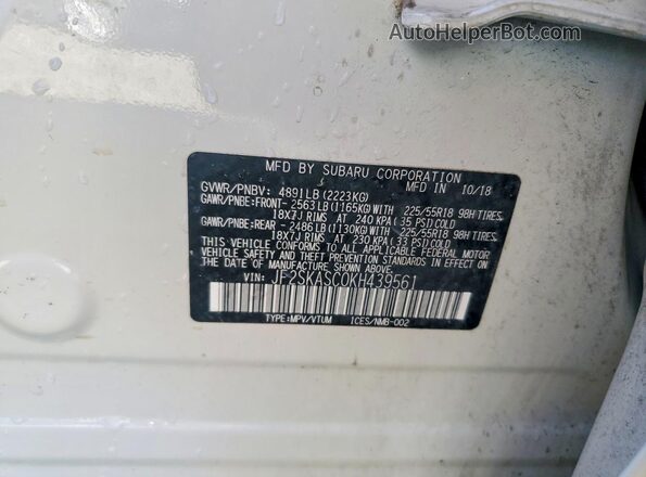 JF2SKASC0KH439561 2019 SUBARU FORESTER White Widok wnętrza 360 stopni