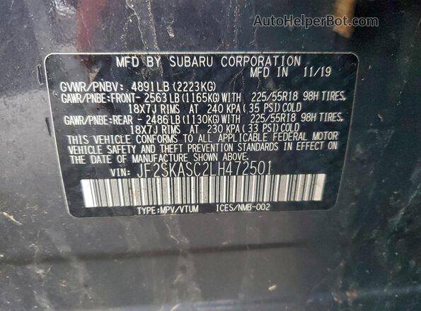 JF2SKASC2LH472501 2020 SUBARU FORESTER Gray Vista interior de 360 grados